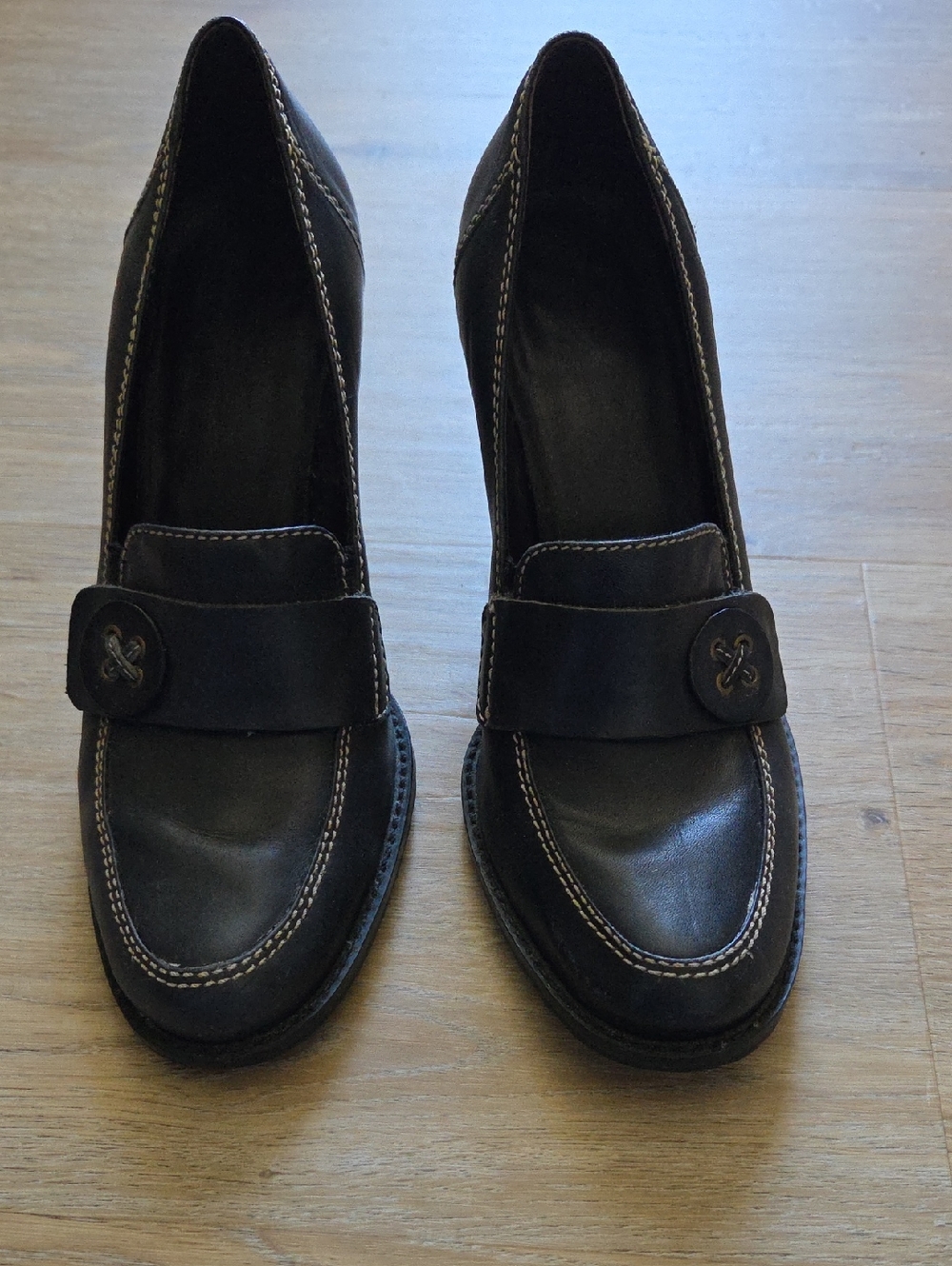 Mix It Black Loafer Heels with Button Strap - Picture 1 of 9